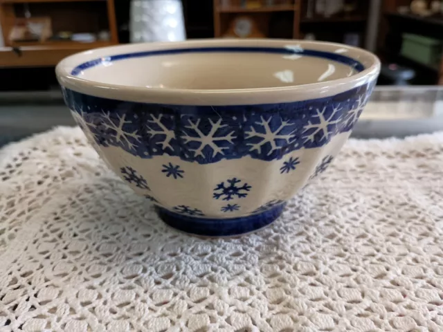 Polish Pottery Bowl  Ramekin Handmade 3.5" Blue Snowflakes
