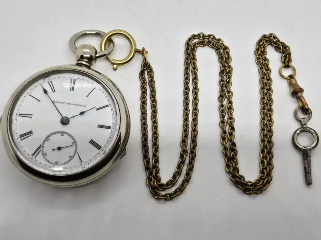 Antique Working 1887 ELGIN Model 1 Silver 11J Key Wind Pocket Watch with Chain