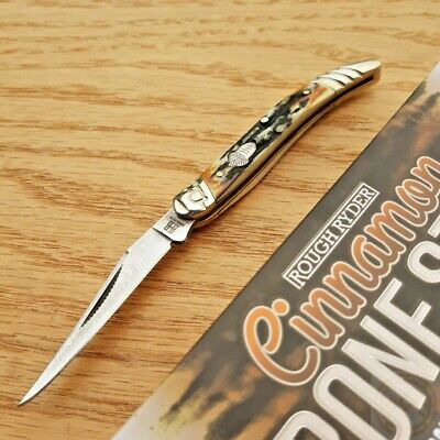 Rough Ryder Toothpick Folding Knife Damascus Steel Clip Blade Stag Bone Handle