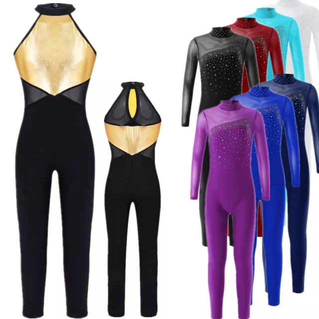 Kids Girls Shiny Mesh Full Body Jumpsuit Gymnastics Ballet Dance Leotard Costume