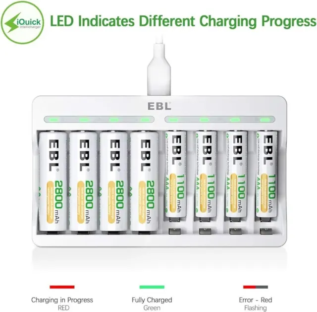 EBL 9010 AA AAA Battery Charger - Independent 8 Bay Charger with High...