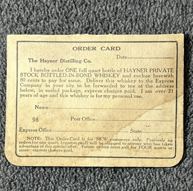 Vintage 1902 Hayner Distilling Co. Whiskey Liquor Advertising Order Card Form