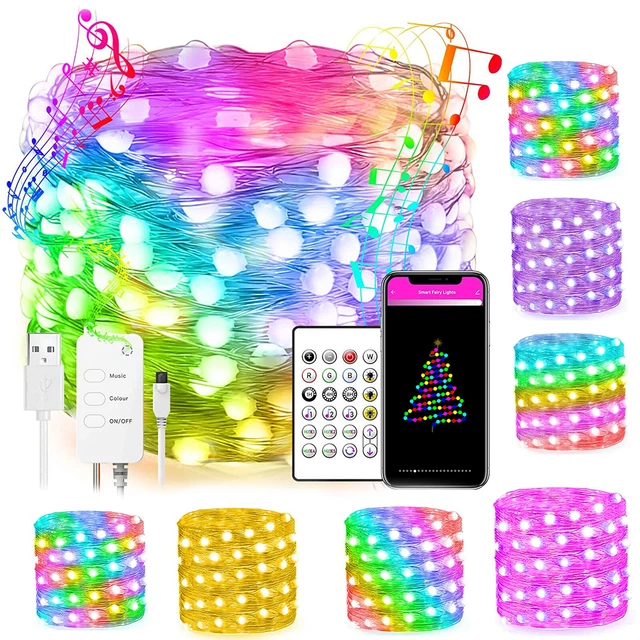 LED Smart Color Changing String Fairy Lights 16Ft with Remote, bluetooth, USB