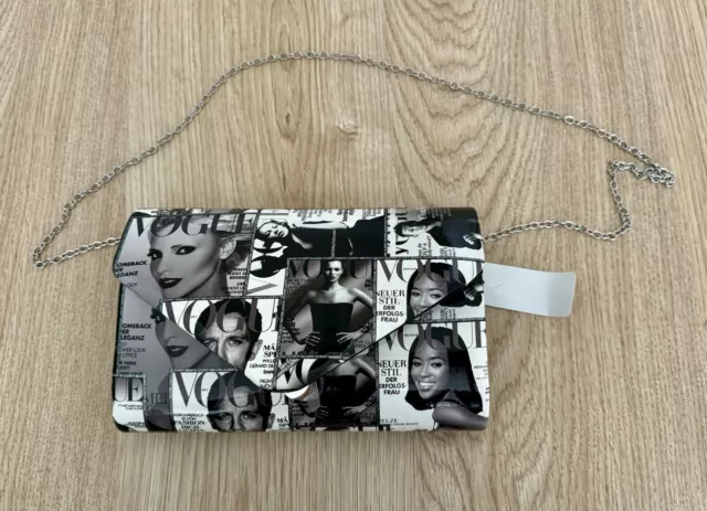 80s Vogue Magazine Covers Print Black & White Clutch Shoulder Bag Chain Prom NWT