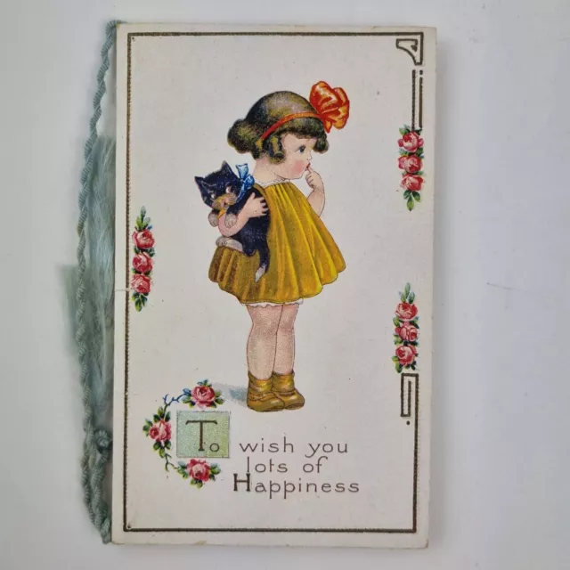 Vintage 1927 Christmas Greetings Card Girl Holding A Kitten