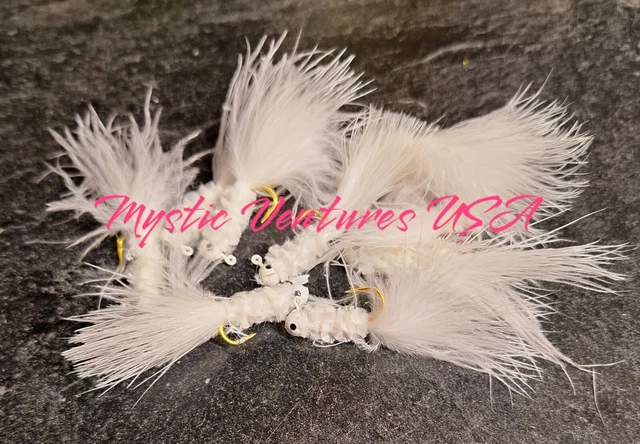 10 NON-LEAD HAND TIED MARABOU JIGS TROUT STEELHEAD CRAPPIE1/32 WHITE- CHARTREUSE