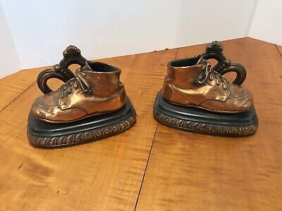 Vintage Pair Cast Bronze Baby Shoes Bookends Toddler King Crown Bronzed MCM NICE