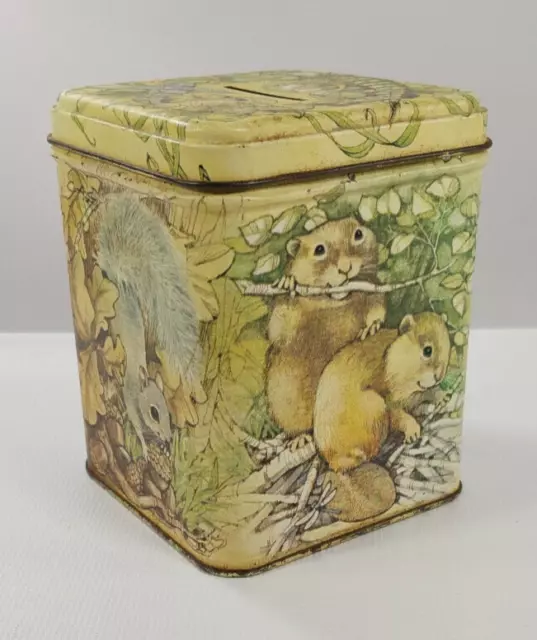 VTG HALLMARK TIN Square Savings Coin Bank Woodland Squirrel VTG HALLMARK TIN Square Savings Coin Bank Woodland Squirrel