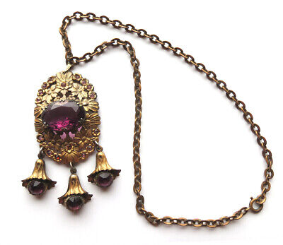 Vtg Victorian Dangle Necklace Amethyst Glass & Floral Pendant w Long Chain