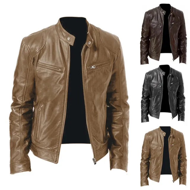 Mens Retro Leather Jacket Motorcycle Stand Collar Biker Coat Zip Up Outwear Tops
