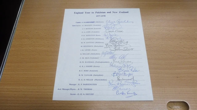 England Tour To Pakistan/NZ 1977/78 - Official Sheet Fully Signed By 19
