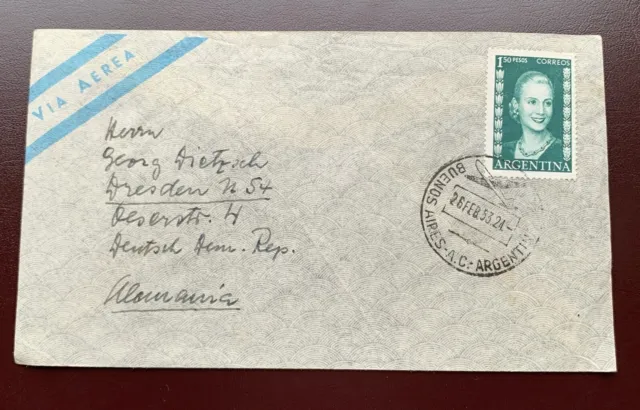 Argentina 1953 Buenos Aires - used airmail cover to Dresden Germany