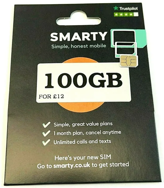 Smarty NEW Sim Card 3 in 1 cut Mobile Unlimited Data Calls & Texts Fast P&P SIMS