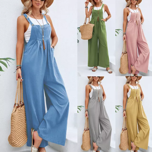 Women Casual Dungarees Jumpsuit Loose Romper Wide Leg Overalls Playsuit Solid