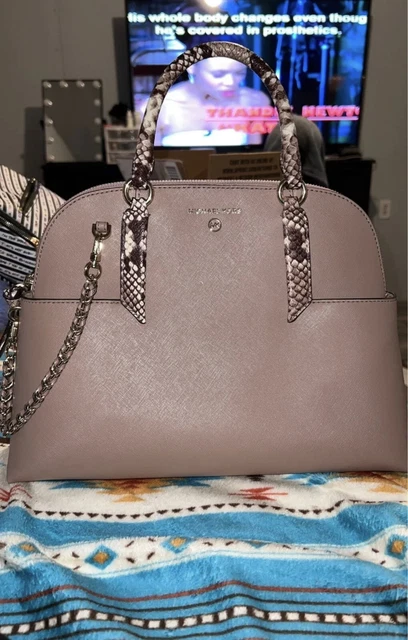 Michael Kors Hudson Large Saffiano Leather Dome Snake Handle Satchel Bag