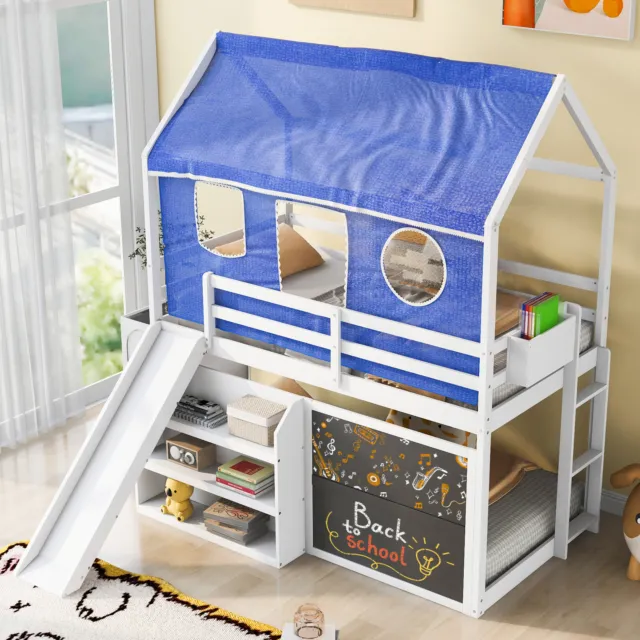 HABITRIO Twin Size House Bunk Bed Frame, Ladder Slide Shelves Tent Blackboard