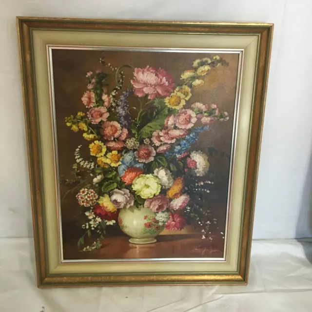 Gemälde Öl auf Leinwand Stillleben Blumenbukett in Vase signiert H/B62x51cm/B6