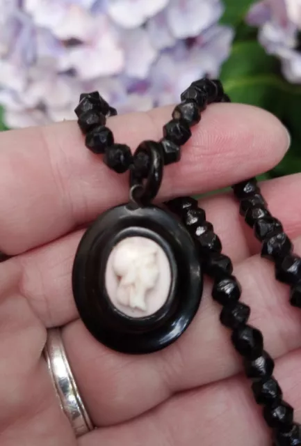 Victorian Carved Shell Cameo Whitby Jet Mourning Pendant & French Jet Necklace