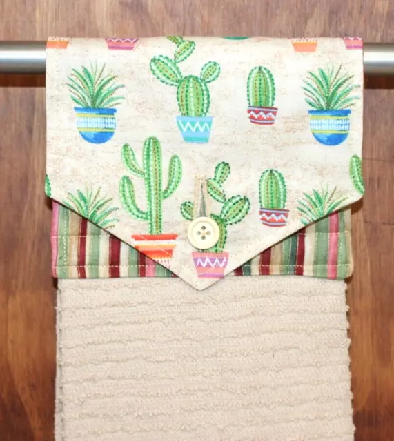 Cactus Print Beige & Green  Towel Handmade Hanging Kitchen Towel Beige Cotton