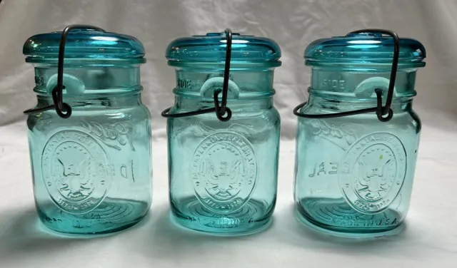 Vintage Ball Ideal Glass Lid bail  -1976 Blue Pint Canning Jar-  Lot of 3