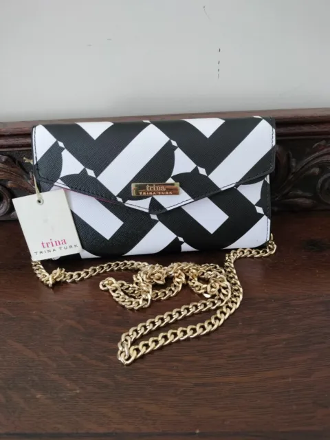 NWT Trina Turk Trifold Crossbody Chain Wallet Geometric Phone Bag Black & White