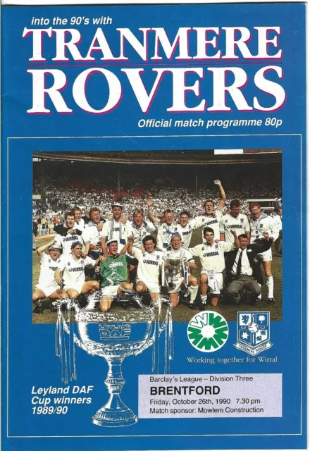 Tranmere Rovers Home Football Programme - Versus Brentford  26th October 1990