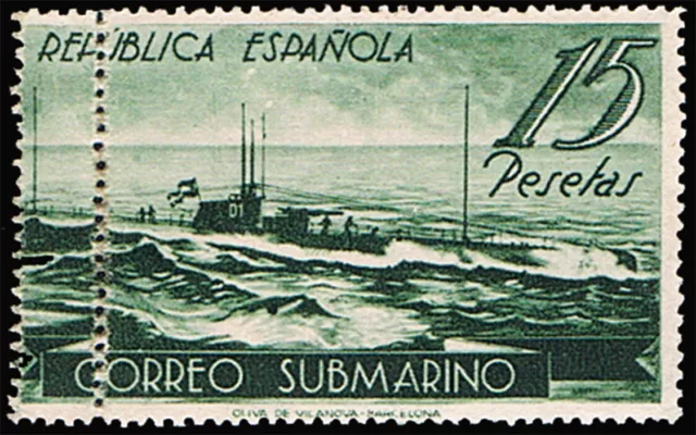 España 1938.Submarino. Edifil x 780 ddh 15 Pts.Variedad doble dentado vertical