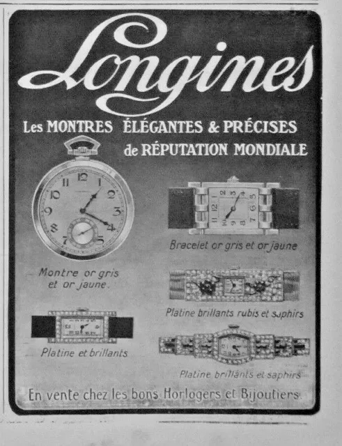 Publicité De Presse 1926 Longines Les Montres Élégantes & Précises Or Platine