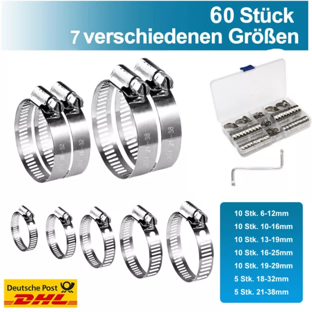 60stk Schlauchschellen Edelstahl Spannbereich 6-38mm Rostfrei Schlauchklemme Set