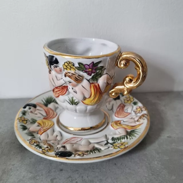 Vintage Capodimonte Style Cherub Hand Painted Gold Handle Demitasse Cup & Saucer