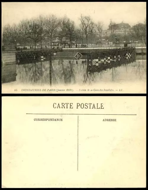 PARIS FLOOD 1910 Old Postcard Gare des Invalides, Entrance Train Railway Station