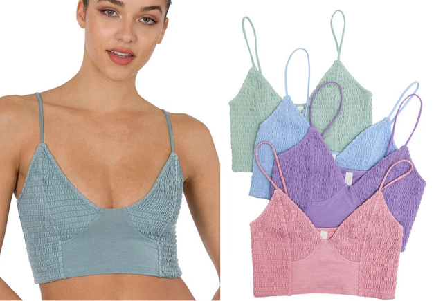 Women's Smocked Triangle Bralette Top Solid Stretchy Crop Tank Adjustable Strap