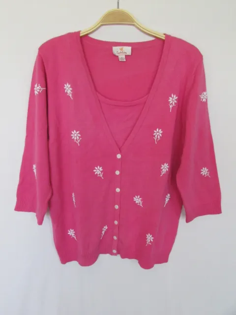 QUACKER FACTORY WOMANS M pink white beaded floral tank button CARDIGAN SWEATER