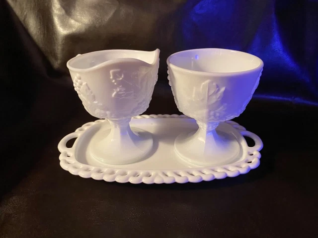 vintage milk glass creamer sugar with underplate 1960's
