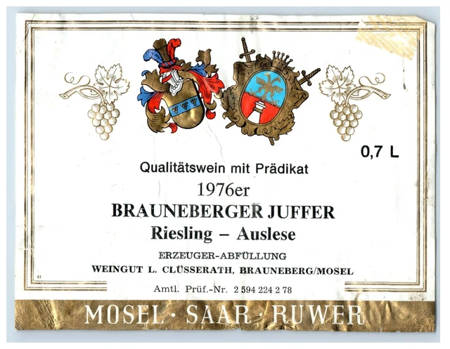 1970's-80's Brauneberger Juffer Riesling Auslese German Wine Label Original S31E