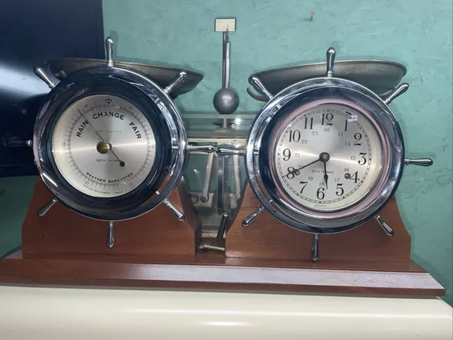 Seth Thomas Ships Clock And Barometer On Wood Stand