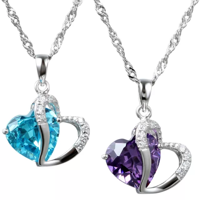 925 Sterling Silver Necklace Chain Amethyst Crystal CZ Heart Pendant Necklace