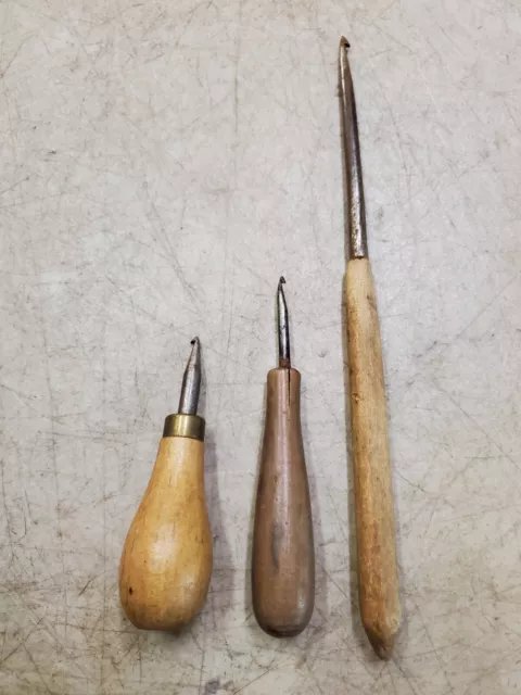 3 ganchos irlandeses de colección (también conocidos como ganchos Hartman) herramientas de gancho para hacer alfombras con vástagos rectos
