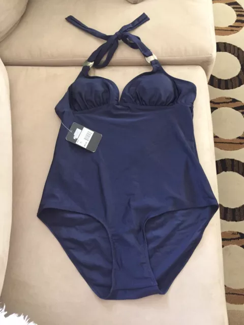 Kardashian Kollection Womens One Piece Swimsuit Navy Blue Halter Plunge Swim XL