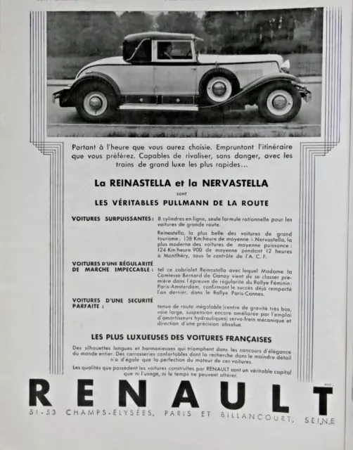 Publicité De Presse 1931 Renault Nervastella Reinastella Pullmann De La Route