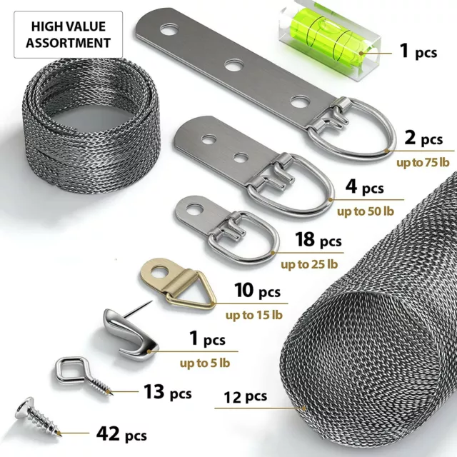 100PCS D-Ring Screws Hanging Hooks Picture Wire Hanging Kit With Level