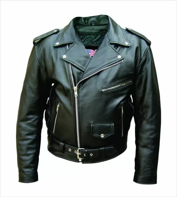 Mens Brando Cowhide Leather Jacket Motorcycle Black Marlon Biker Jacket Classic