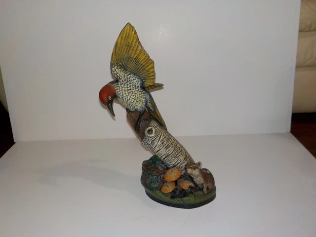 Vintage MCM WOODPECKER Ceramic Statue Figurine Mushrooms Chipmunk Tree Trunk
