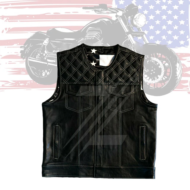 Diamond Quilted Cowhide Leather Motorbike Vest Men's Biker American Flag Vest