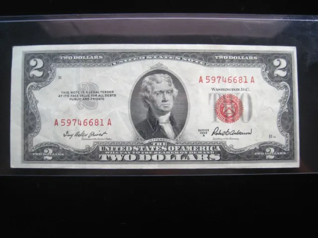 USA $2 1953-A A59746681A # UNITED STATES Note RED Seal Dollars Circ Bill Money