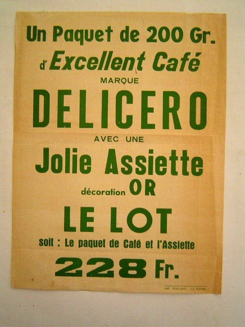 AFFICHE EPICERIE ancienne 1960 : CAFE DELICERO / IMP. ROLLAND - LE HAVRE
