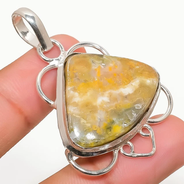 Bumble Bee Jasper Gemstone Handmade 925 Sterling Silver Jewelry Pendant 1.93"