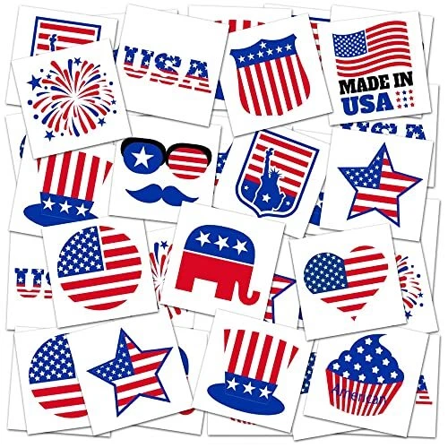 Patriotic Tattoos for Kids, Bulk Pack of 144, July 4th Party Favors, Non