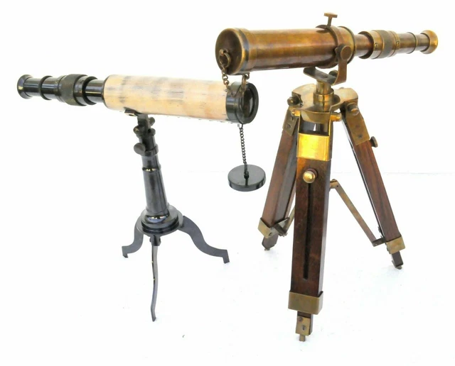 Télescope Nautique Vintage En Laiton Massif Avec Trépied En Bois - Décoration Marine Ancienne