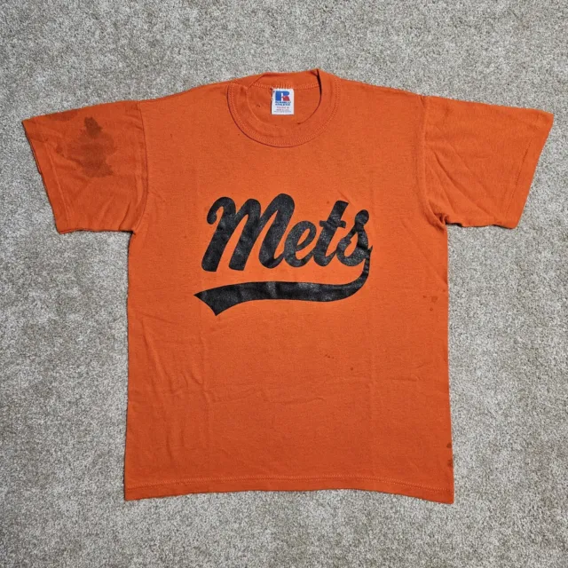 Vintage 90s New York Mets Russell T-Shirt Youth M Orange Thrashed Single Stitch